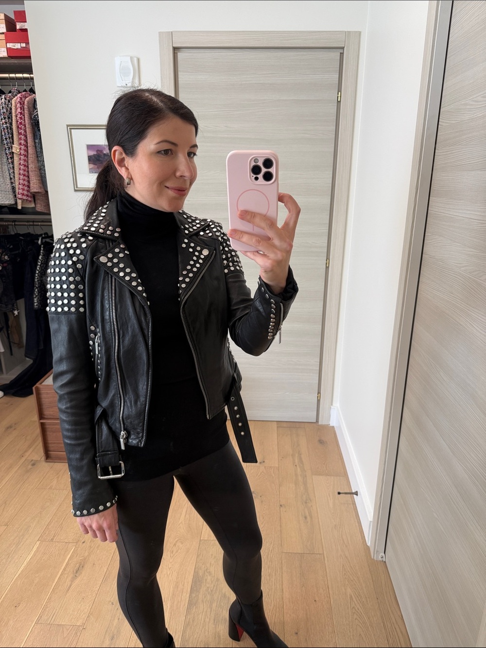 Michael Kors Studded Black Leather Moto Jacket